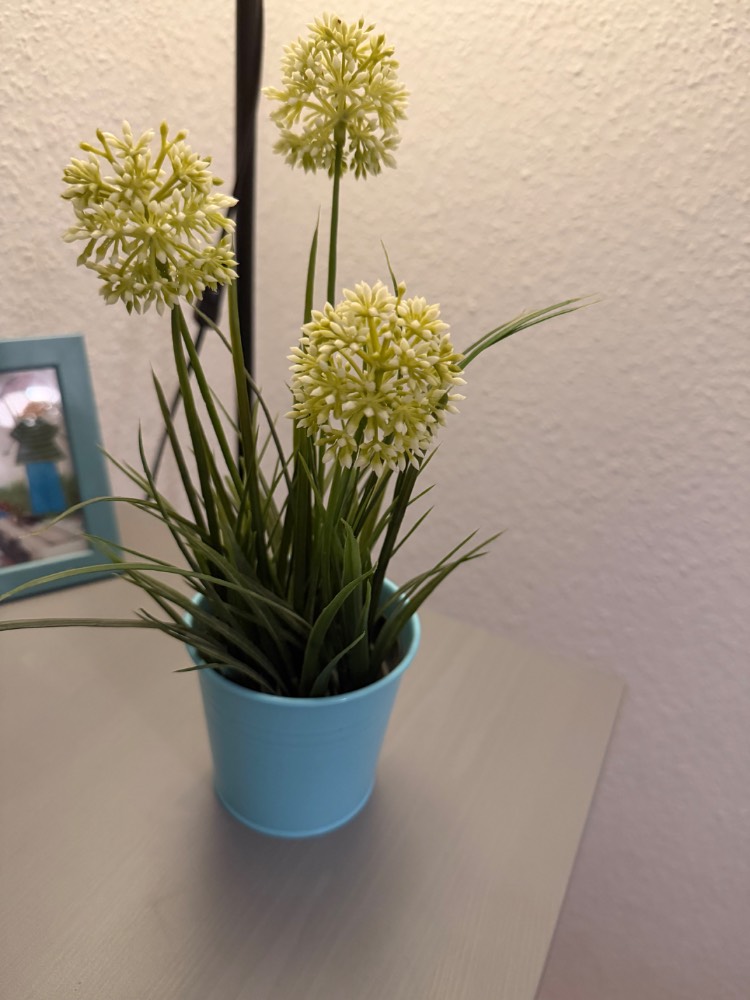 Künstliche Zierpflanze mit weißen Blüten in blauem Topf